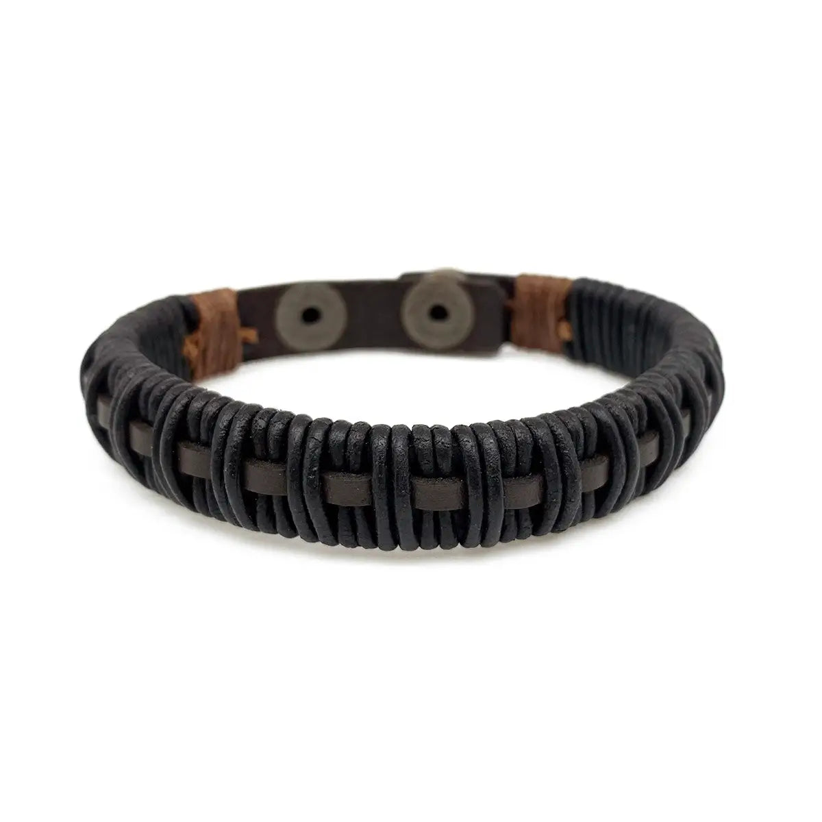Woven Leather Snap Men's Bracelet: Brown and Black