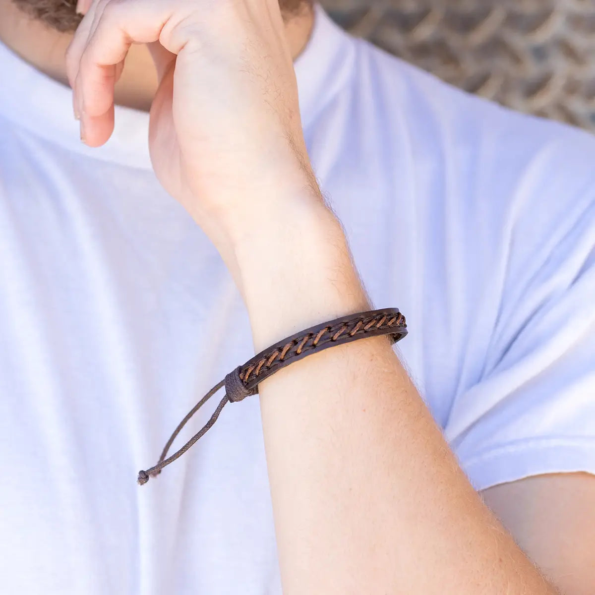 Brown Embroidery On Leather Bracelet