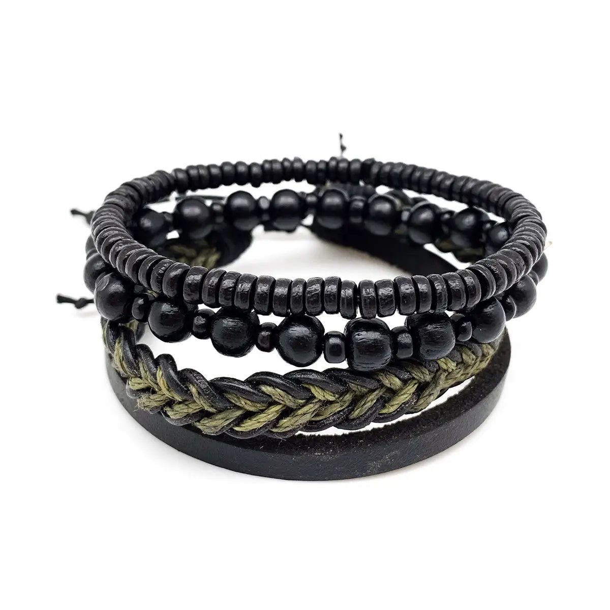 Green and Black Leather Black Beads Bracelet Set