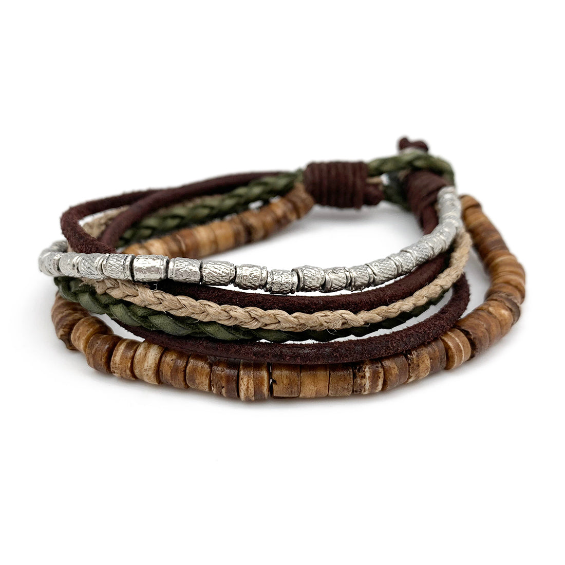 Wood, Leather, Jute, Metal Layered Bracelet