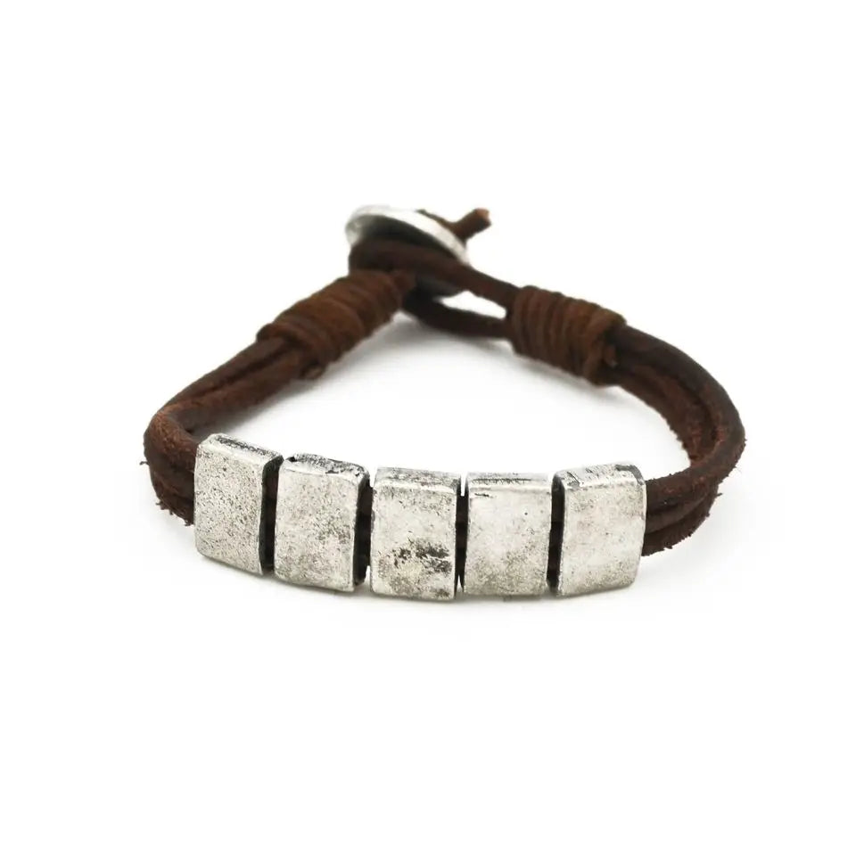 Five Silver Rectangles and Brown Leather Bracelet