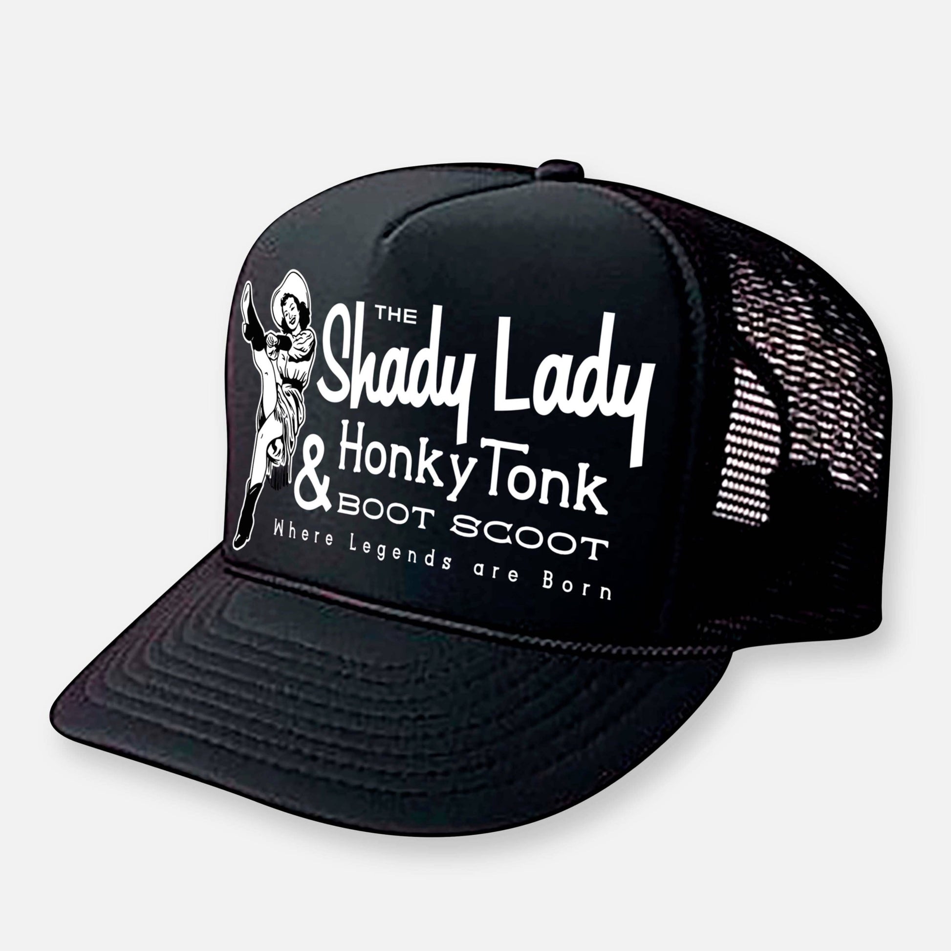 Shady Lady Honky Tonk and boot scoot trucker hat. Black with Black mesh 